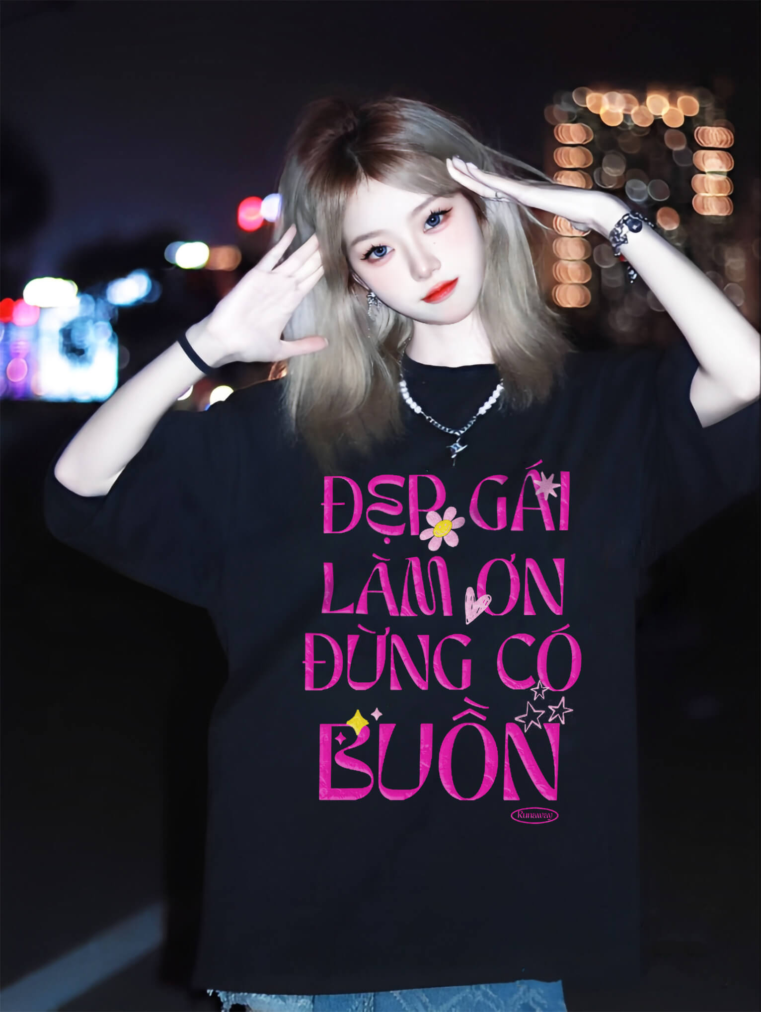 Áo phông Funny Logo: Đẹp gái làm ơn đừng có buồn Cotton 100% form xuông cho nam / nữ by The Runaway - Ảnh 2